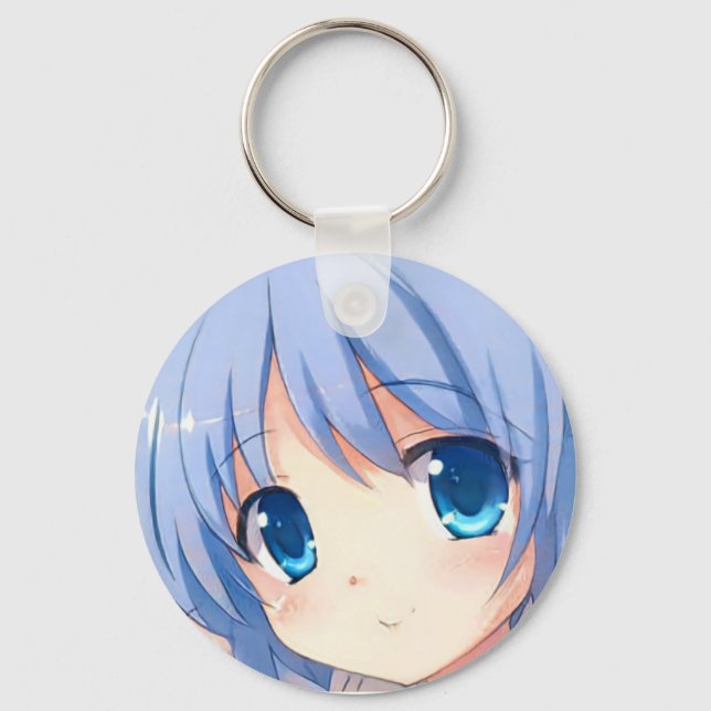 Smiling cute anime manga girl blue eyes violet  keychain (Front)