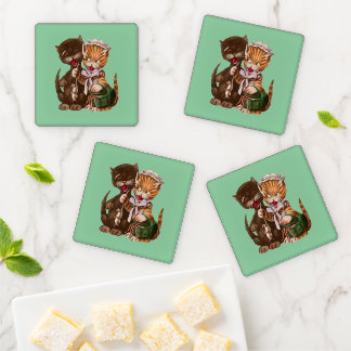 Smiling Cute Cat Couple Sharing Rats Basket Green Coaster Set