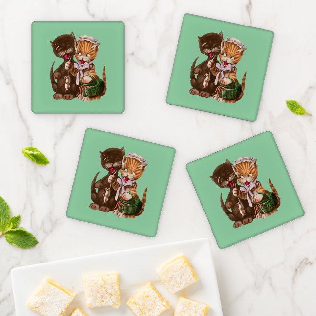 Smiling Cute Cat Couple Sharing Rats Basket Green Coaster Set (In Situ)