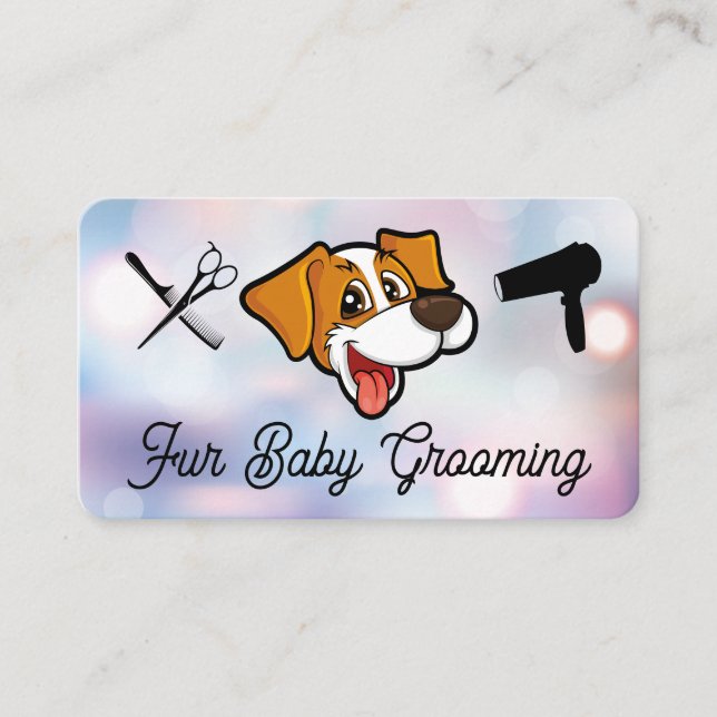 Smiling Cute Dog Logo | Grooming Tools | Boke Business Card (Front)