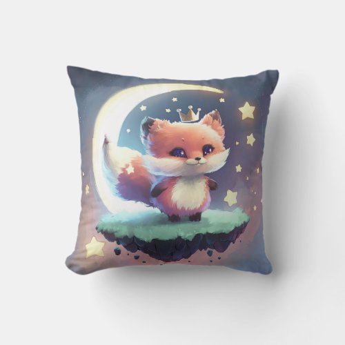 Smiling Cute Fox Flying and Enjoying Full Moon  Throw Pillow
