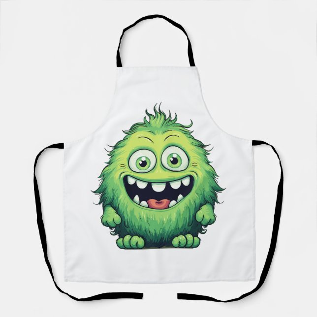 Smiling Cute Green Monster Cartoon Apron (Front)