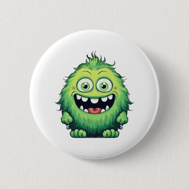 Smiling Cute Green Monster Cartoon Button (Front)