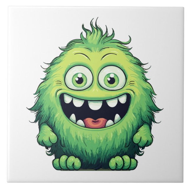 Smiling Cute Green Monster Cartoon Ceramic Tile (Front)