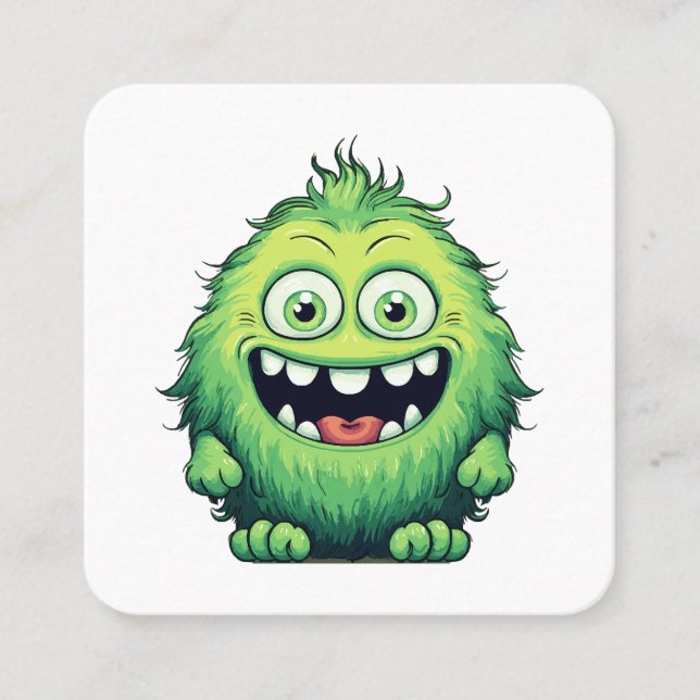 Smiling Cute Green Monster Cartoon Square Business Card (Front)