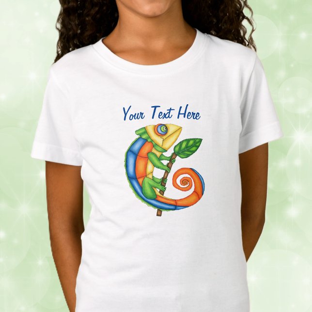 Smiling Cute Lizard Brightly Coloured Holding Leaf T-Shirt (Brightly coloured fun lizard holding leaf on twig on kids tee shirt.)