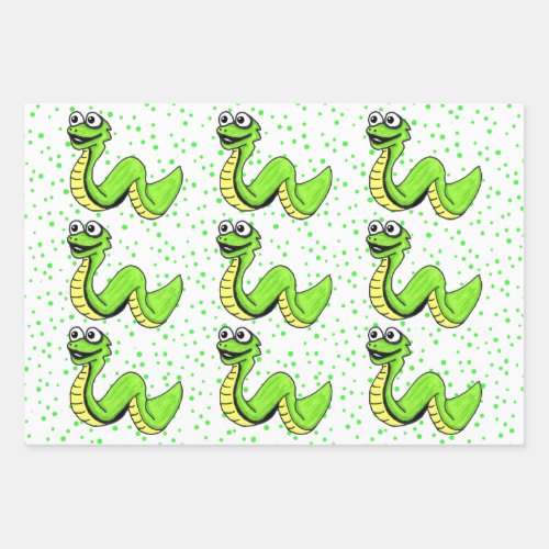 Smiling Cute Neon Green Yellow Snake on Polka Dots Wrapping Paper Sheets