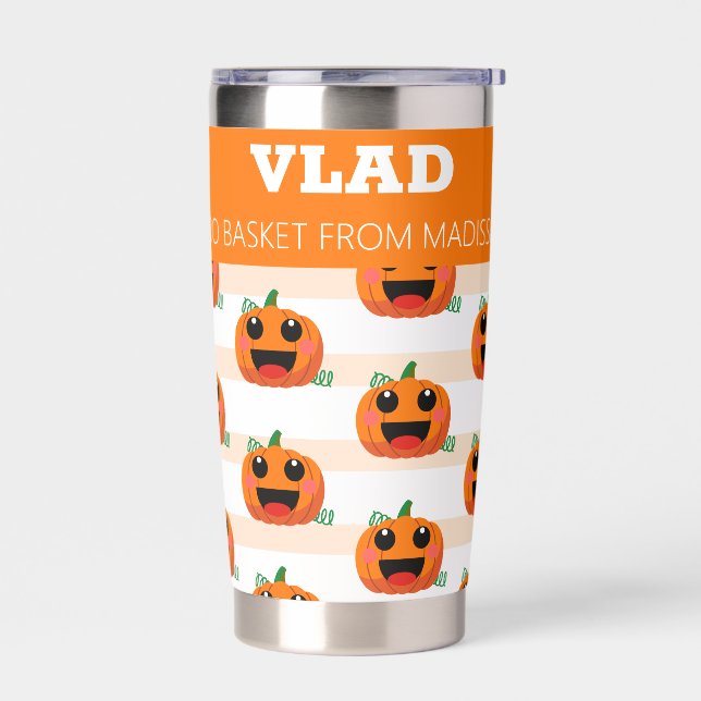 Smiling Cute Pumpkin Halloween Boo Basket Insulated Tumbler (Left)