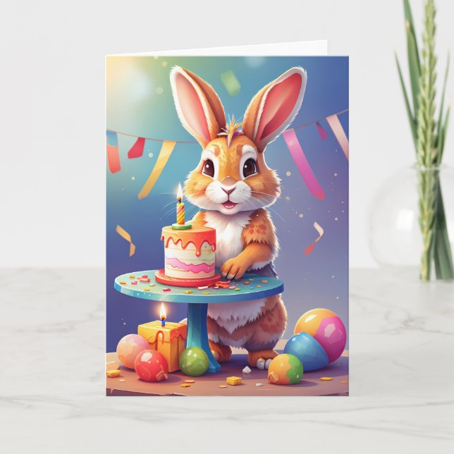 Smiling cute rabbit with cake card (Front)