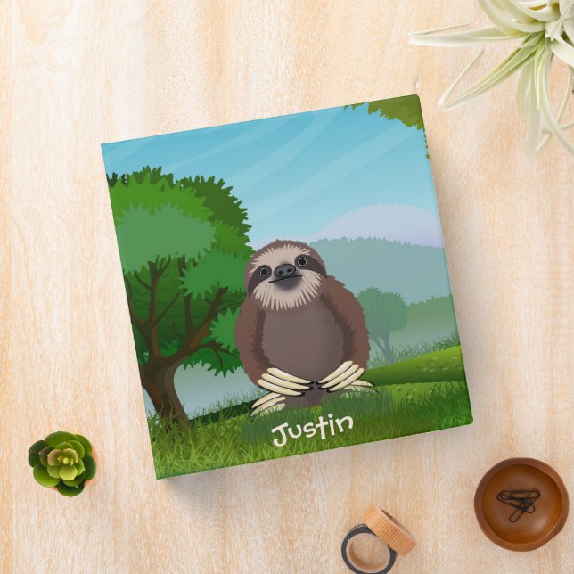 Smiling Cute Sloth Monogrammed 3 Ring Binder (In Situ)