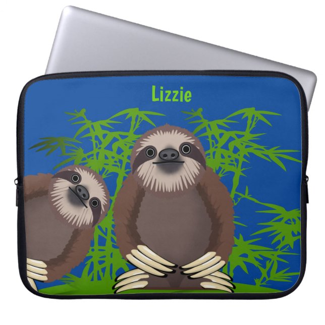 Smiling Cute Sloths Monogrammed Laptop Sleeve (Front)