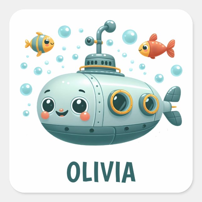 Smiling Cute Submarine with Fish and Bubbles Square Sticker (Front)