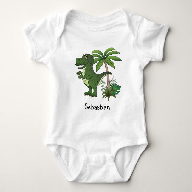 Smiling Cute T-rex With Custom Baby Name Dino Love Baby Bodysuit (Front)