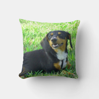 Smiling Dachshund Forest Green Throw Pillow