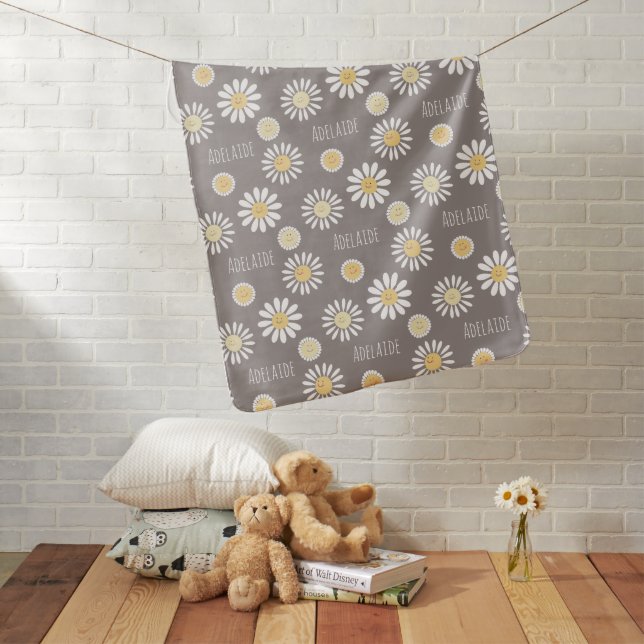 Smiling Daisies Wildflower Pattern Name Baby Blanket (In Situ)