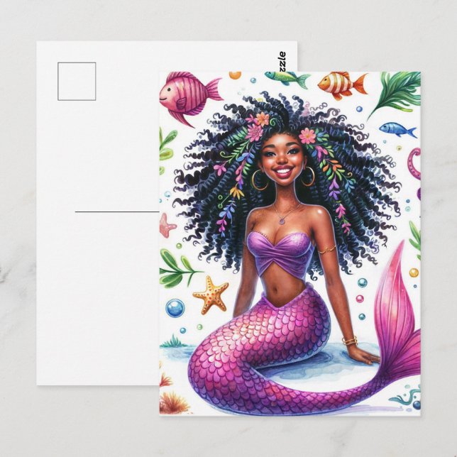 Smiling Dark-Skinned Mermaid With Pink Tail Postcard (Front/Back)