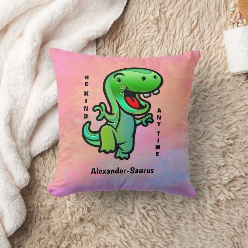 Smiling Dinosaur Green Be Kind Throw Pillow