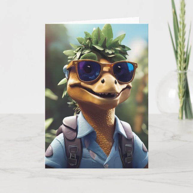 Smiling Dinosaur Hiker Outdoors | Card (Front)