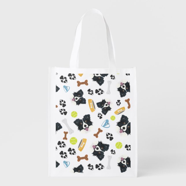 Smiling Dog Border Collie Grocery Bag (Front)