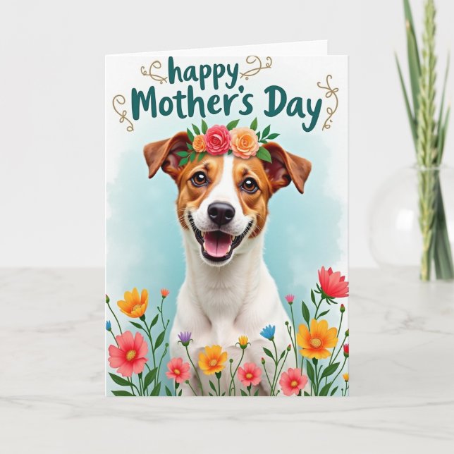 Smiling Dog Mothers Day Floral Card (Front)