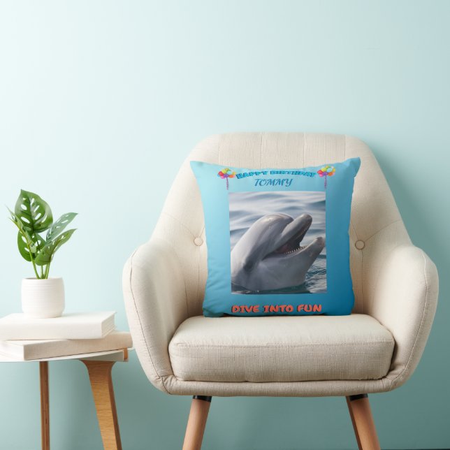 Smiling Dolphin Birthday Throw Pillow (Chair)