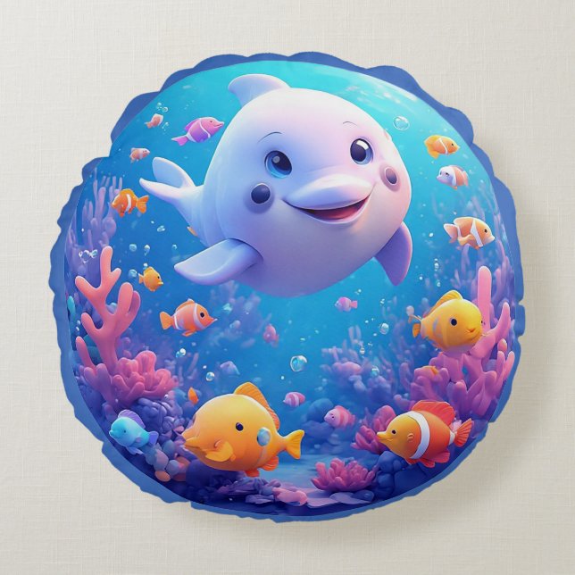 🌊 Smiling Dolphin in Bright Blue Waves 🐬✨ Round Pillow (Front)