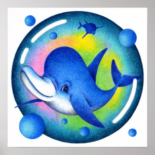 Smiling dolphin swimming. poster