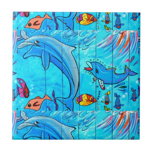 smiling dolphins blue tile