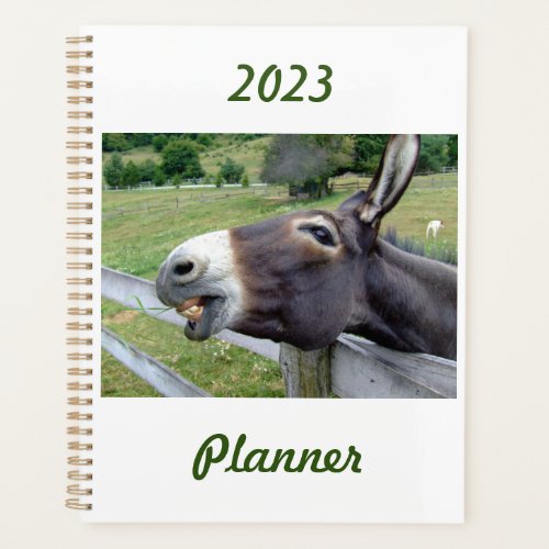 Smiling Donkey in pasture with dog   Planner