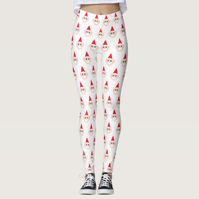 Smiling Elf Red Hat Winter Holiday Christmas Cute Leggings (Front)