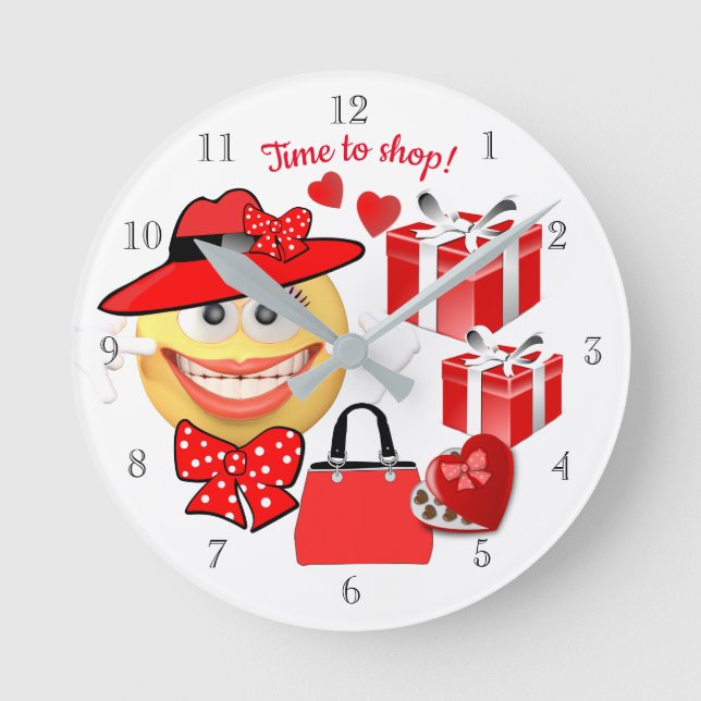 Smiling Emoji with Shopping, Time to Shop Round Cl Round Clock (Front)
