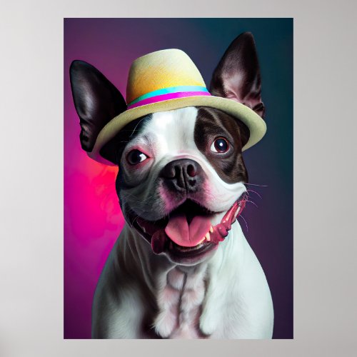Smiling English Bulldog Dog in a White Fedora Hat Poster