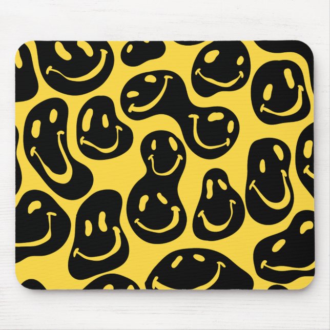 Smiling Face Emoji Distorted Black and Yellow Mouse Pad (Front)