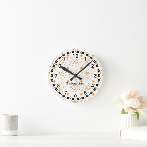 Smiling Face Sunshine Pattern Custom Name Round Clock