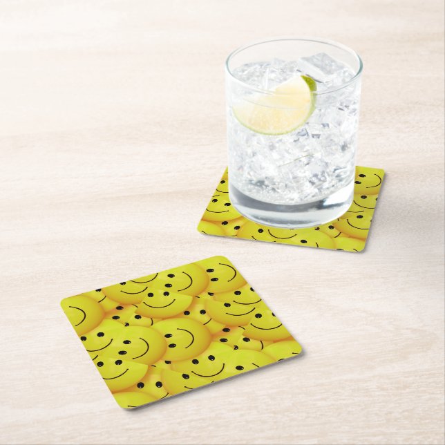 Smiling Faces. Yellow, Square Paper Coaster (Insitu)
