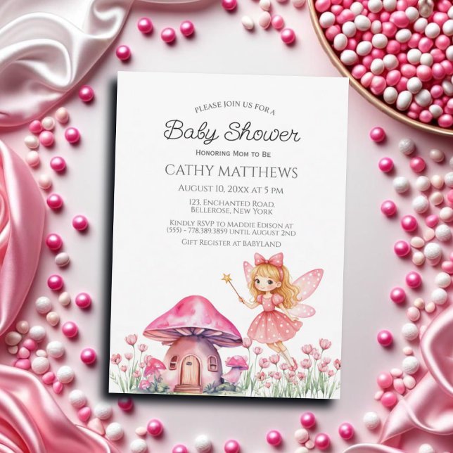 Smiling Fairy and Pink Mushrooms Baby Shower Invitation (Creator Uploaded)