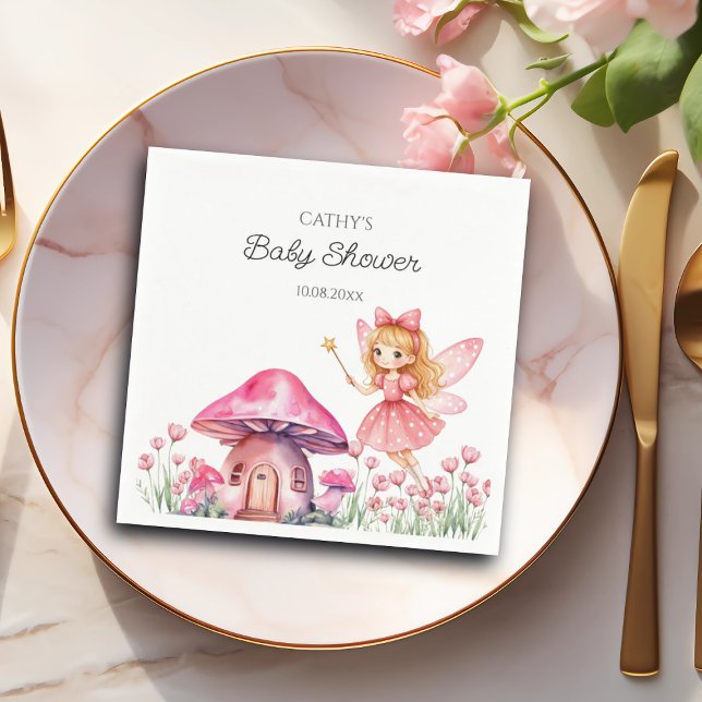 Smiling Fairy and Pink Mushrooms Baby Shower Napkins (Creator Uploaded)
