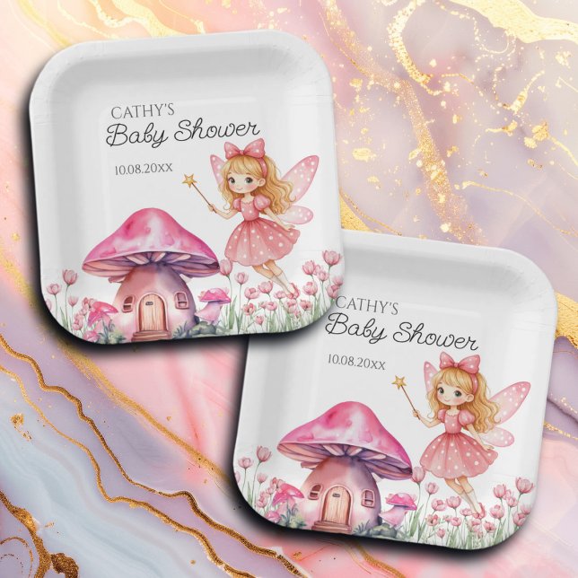 Smiling Fairy and Pink Mushrooms Baby Shower Paper Plates (Creator Uploaded)