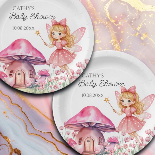 Smiling Fairy and Pink Mushrooms Baby Shower Paper Plates (Creator Uploaded)