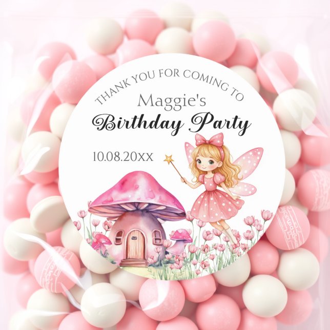 Smiling Fairy and Pink Mushrooms Birthday Party Classic Round Sticker (Creator Uploaded)