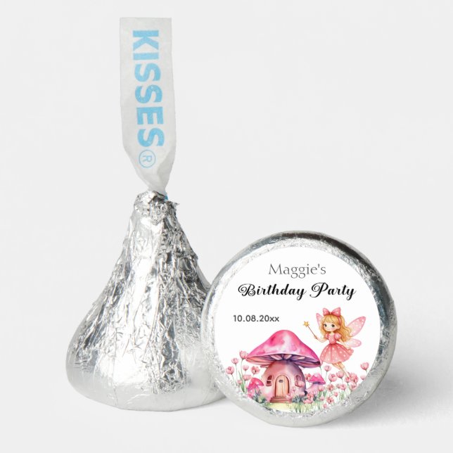 Smiling Fairy and Pink Mushrooms Birthday Party Hershey®'s Kisses® (Front)