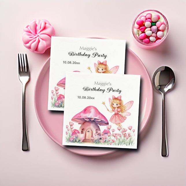 Smiling Fairy and Pink Mushrooms Birthday Party Napkins (Creator Uploaded)