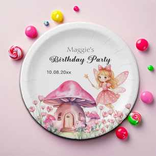 Smiling Fairy and Pink Mushrooms Birthday Party Paper Plates