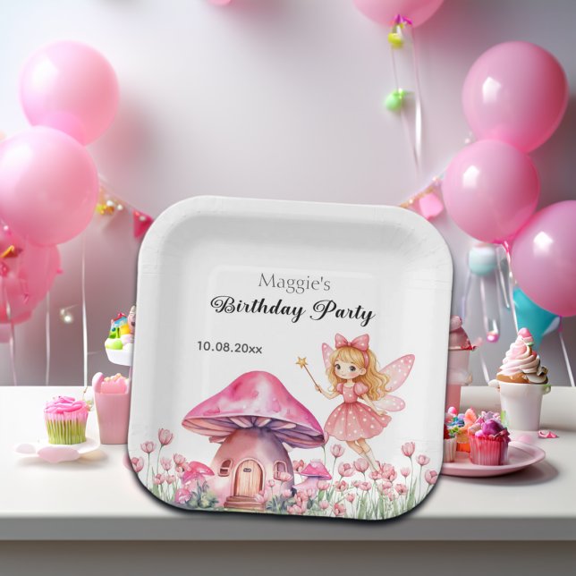 Smiling Fairy and Pink Mushrooms Birthday Party Paper Plates (Creator Uploaded)