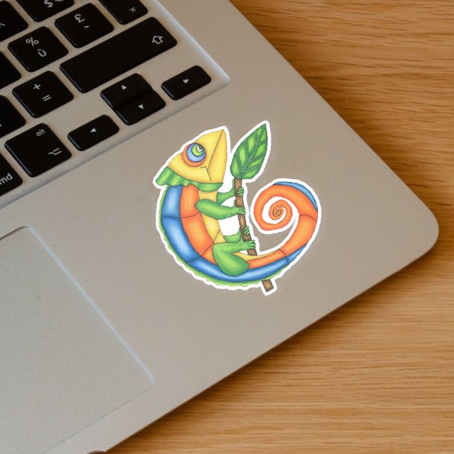 Smiling Fantasy Colourful Lizard Leaf on Stick Sticker (Cute fantasy lizard with leaf in vibrant colours on vinyl sticker.)