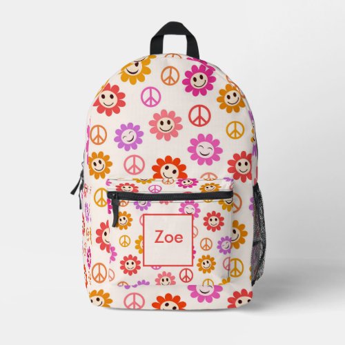 Smiling Flowers pattern with peace signs Girl Name Printed Backpack