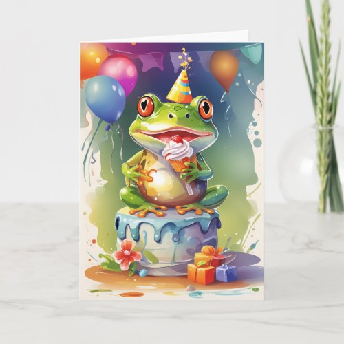 Smiling Frog on Birthday Cake Card
