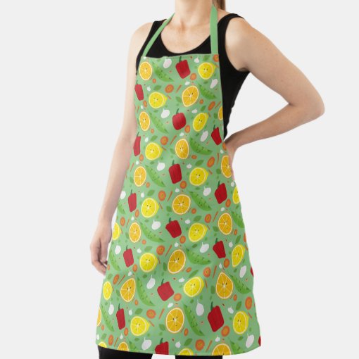 Smiling Fruit Vegetable Green Cartoon Pattern Apron | Zazzle