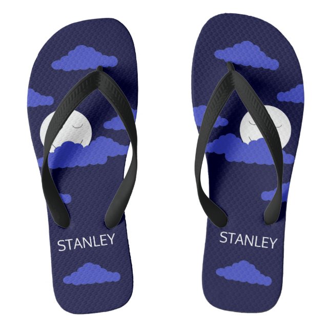 Smiling Full Moon with Clouds:  Dark Blue Flip Flops (Footbed)