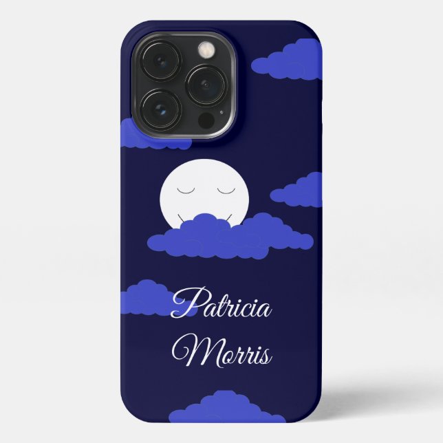 Smiling Full Moon with Clouds: Dark Blue iPhone Case (Back)